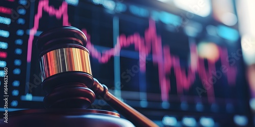Gavel and stock market chart on a digital screen, representing the concept of law working on Wall Street. Mock up an elegant wooden gavel with a blurred background