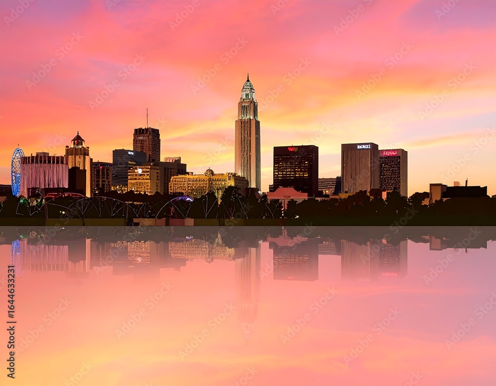 Obraz premium City skyline at sunset, reflected in water