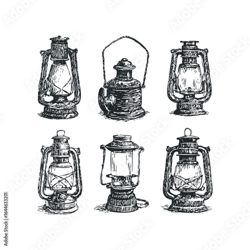 Collection of six vintage kerosene lanterns depicted in black and white sketch style