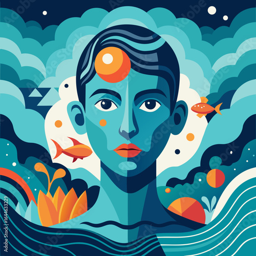 Mysterious aquatic portrait blends vibrant blues and oranges, evoking deep emotions and natural wonder