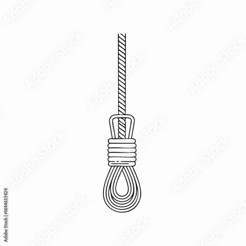 Hanging rope noose with multiple loops and a tightly wound knot, isolated.