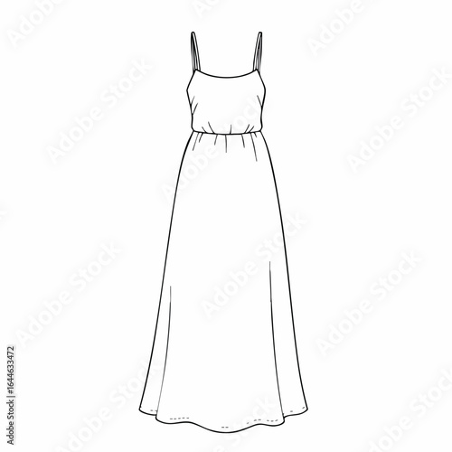 Line art illustration of a flowing maxi dress with spaghetti straps