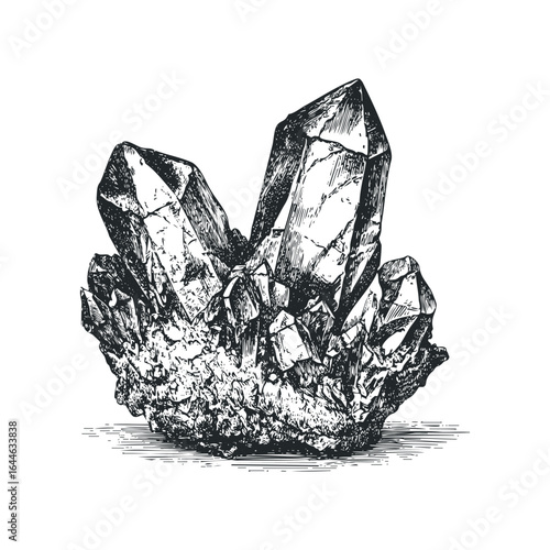 Detailed Sketch of a Quartz Crystal Cluster on White Background