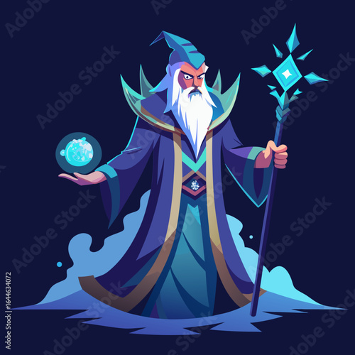 Powerful wizard conjures magical orb and icy staff, exuding ancient wisdom and elemental power.