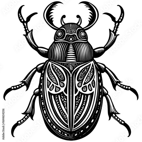Intricate black and white scarab beetle illustration with detailed linework and tribal patterns
