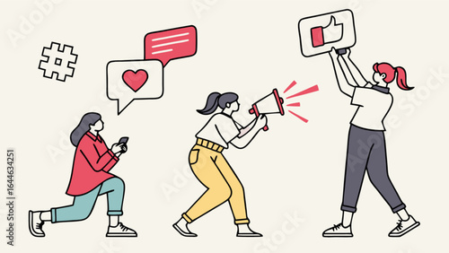 Social media marketing campaign illustration with engagement and influencer communication strategy for growth