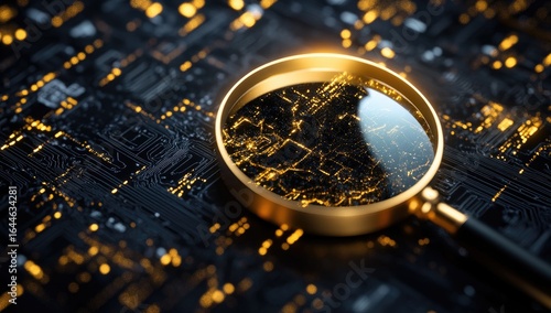 Wallpaper Mural Golden magnifying glass focused on intricate circuit board Torontodigital.ca
