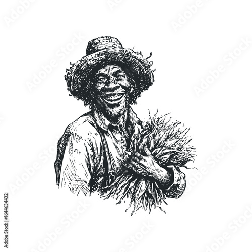 Black farmer in straw hat holding harvested wheat with joyful expression