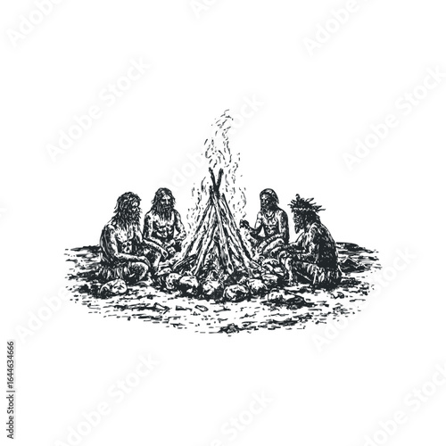 Group of primitive people gathered around a campfire at night