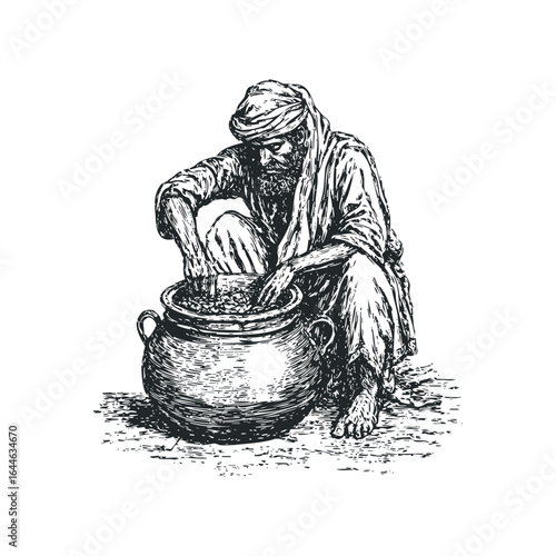 Man in turban crouches by large pot searching through contents
