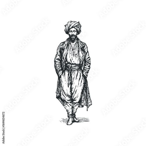 Engraved image of a man with a turban and traditional clothing