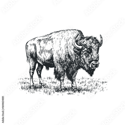 Majestic buffalo standing in grassy field, hand-drawn style