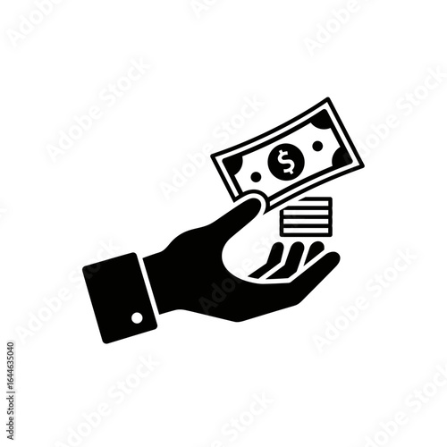 Hand holding money and coins in black and white style silhouette