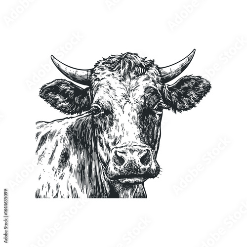 Detailed Black and White Sketch of a Cow's Head with Horns