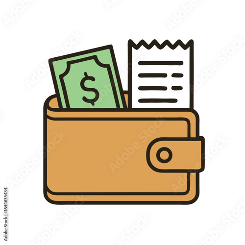 A brown wallet with a green dollar bill and receipt sticking out on a white background in a simple line illustration style