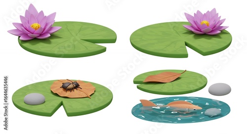 Illustration collection of lily pads with flowers and fish
