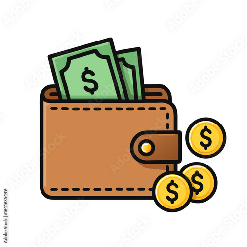 Cartoon wallet with cash and coins on white background, symbolizing financial wealth and savings in a simple illustration style.