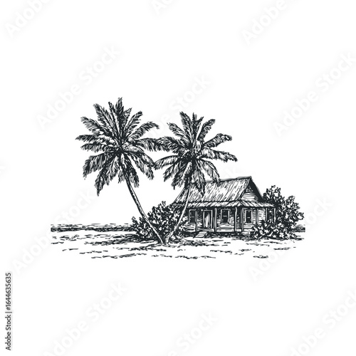 Sketch of a rustic wooden hut with palm trees near a body of water