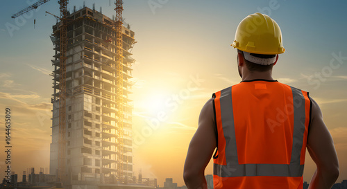 Construction engineer in safety vest inspecting high-rise structure at dawn, concept image
