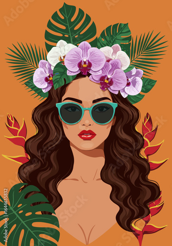 Bold Pop Art Portrait of Latina Woman with Tropical Orchid Crown