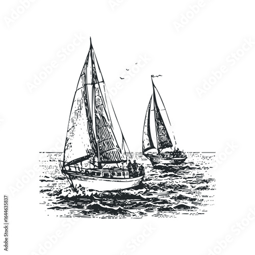 Two sailboats race across a wavy sea with several people onboard