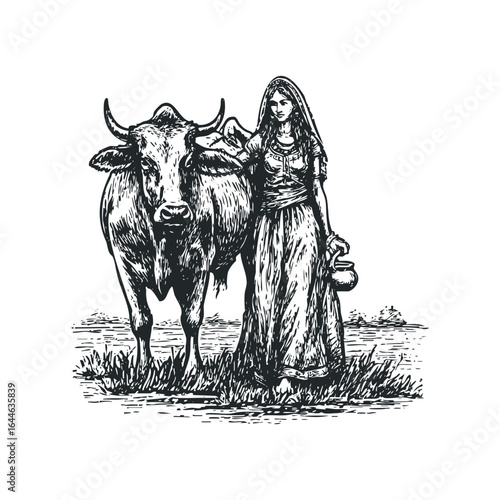 Indian woman standing with a bull in a field