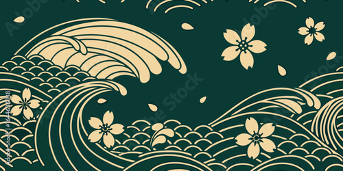 Traditional wave pattern with floral elements, depicting fluid motions in earthy tones.
