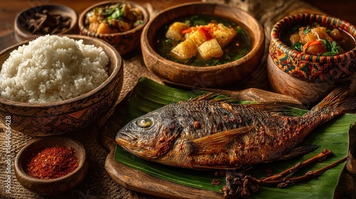 Authentic Filipino Food Spread featuring Grilled Fish, Rice, and Spicy Sauces
