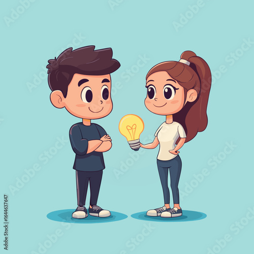 Cartoon Man and Woman exchanging different ideas, vector style simple color