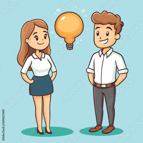 Cartoon Man and Woman exchanging different ideas, vector style simple color