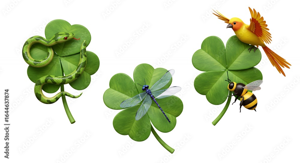 Naklejka premium Three animals on clover leaves illustration