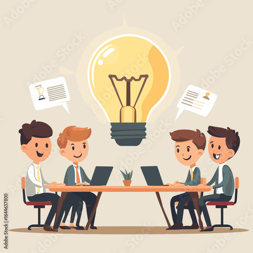 Cartoon Business people around a table with big light bulb, vector style simple color