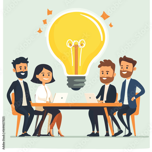 Cartoon Business people around a table with big light bulb, vector style simple color