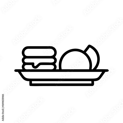 A simple illustration of a plate featuring a burger, a side of fries, and a circular item, representing a meal combination.