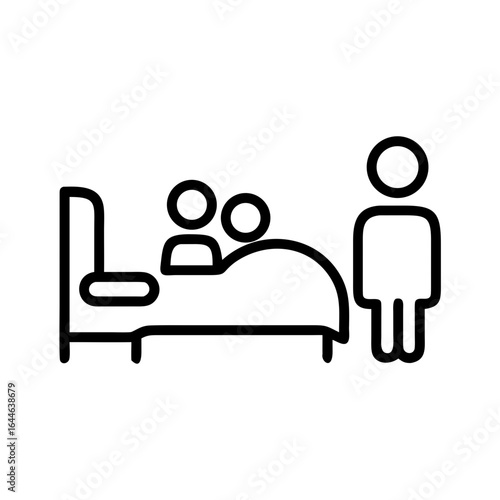 Illustration of two people sitting on a bed while one person stands nearby, representing intimacy and connection.