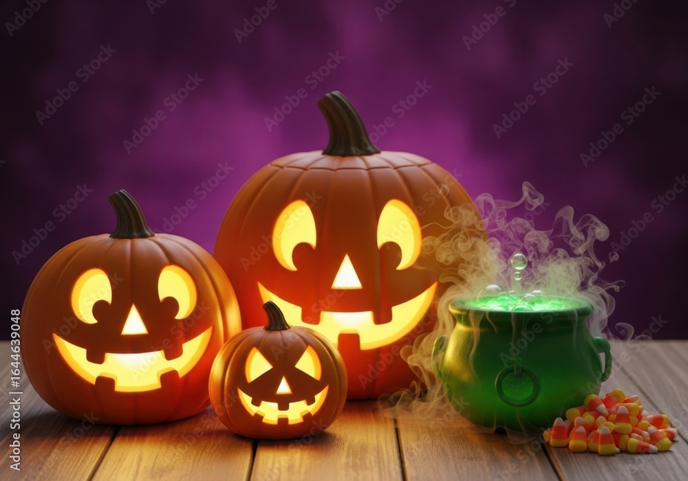 Obraz premium Three jack o lanterns with a green cauldron and candy corn on wood table