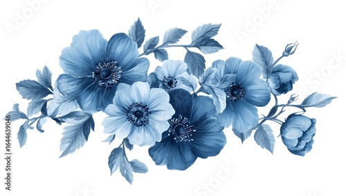 Beautiful blue flowers on a white background, in the style of a blue-colored