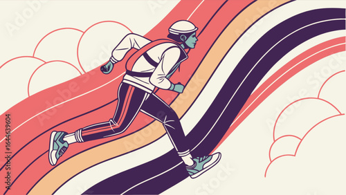 Retro runner illustration of a man jogging with vintage style rainbow and cloud background design vector