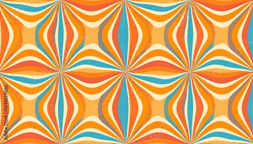 Retro-inspired kaleidoscopic pattern with wavy lines and harmonious color palette