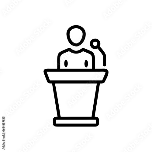 A simple representation of a podium with a speaker at a microphone, symbolizing public speaking and presentations.