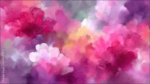 Abstract floral painting, vibrant pinks, purples, and grays
