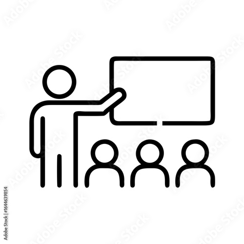 A minimalist illustration of a presenter pointing at a blank projection screen while addressing an audience.