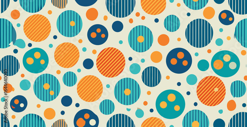 A colorful pattern featuring various circles in shades of blue, orange, and teal on a light beige background, creating a playful and vibrant design.