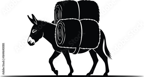 Silhouette of a donkey carrying hay bales its back, vector illustration of a domestic animal for logo or icon design