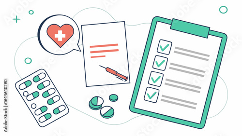 Medical concept featuring a checklist, syringe, and medication with icons depicting health and care.