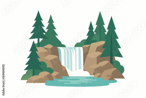 Waterfall in Forest Landscape Illustration.
