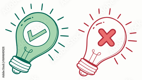 Two light bulbs, one glowing green with a checkmark and the other glowing red with a cross, symbolizing ideas and decisions.