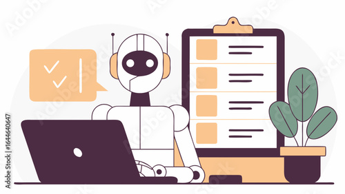 A minimalist illustration of a friendly robot working on a laptop with a checklist, surrounded by a potted plant, representing digital assistance and productivity.