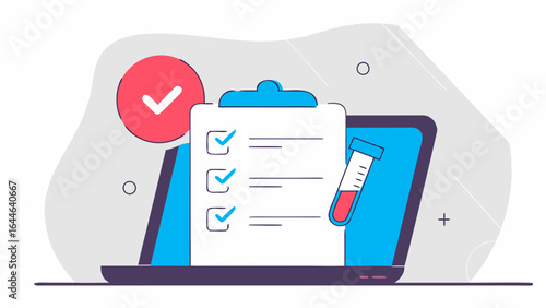 Illustration showing a clipboard with a checklist and a test tube on a laptop with a checkmark, symbolizing health monitoring.