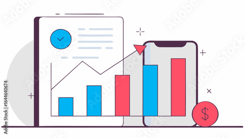 Illustration of financial growth with charts, smartphone, and currency symbol representing economic analysis.